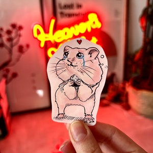 Pegatina de hámster rosa llorando de Onigiri (1 pieza) / Idea de regalo divertida para amantes de los animales / Personalice dispositivos tecnológicos y cuadernos