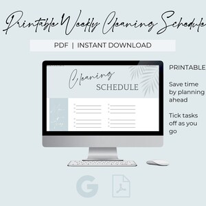 May include: Printable weekly cleaning schedule template displayed on a computer screen. The template has a light blue background with a palm leaf design and the text "Cleaning Schedule".