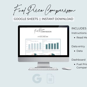May include: A computer screen displaying a Google Sheet spreadsheet with the title "Fuel Price Comparison". The spreadsheet has three tabs: Instructions, Data, and Dashboard. The spreadsheet is designed to track fuel prices and create charts and graphs.