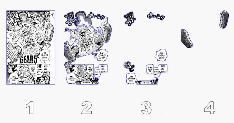 May include: Black and white manga comic book page featuring a character with a large, exaggerated fist. The character is wearing a black and white striped shirt and pants. The text on the page reads "GEARS 5".