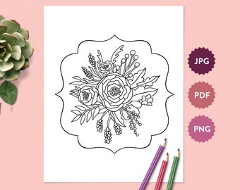 Flower Bouquet #2 Coloring Page for Adults | Springtime Coloring Sheet | Printable PDF Digital Download Coloring Book Illustration