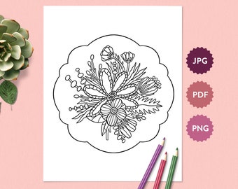 Flower Bouquet #5 Coloring Page for Adults | Springtime Floral Coloring Sheet | Printable PDF Instant Download Coloring Book Drawing