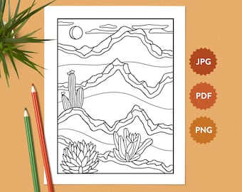 Desert Landscape #4 Coloring Page | American Southwest | Relaxing Coloring Pages for Adults | United States Coloring Book Digital Download