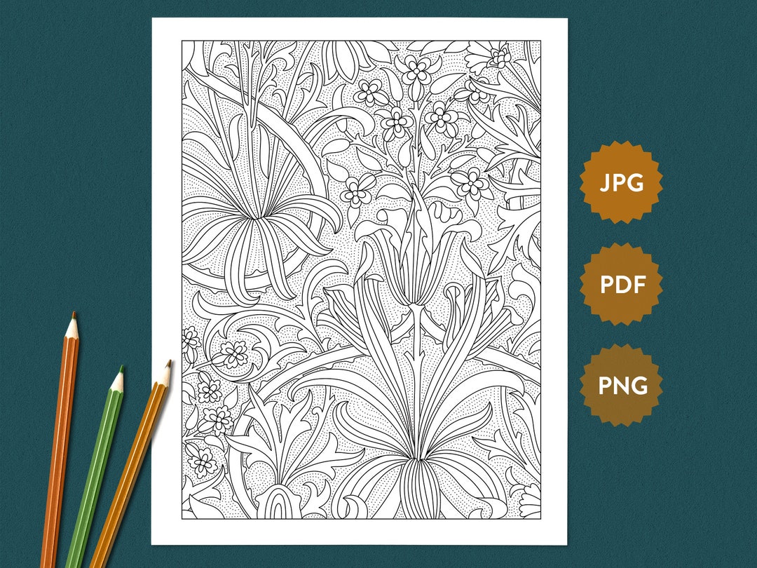 Tulip Garden Adult Coloring Page William Morris | Detailed Printable ...
