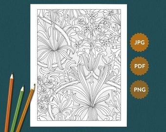 Tulip Garden Adult Coloring Page William Morris | Detailed Printable PDF | Art Nouveau Illustration | Digital Download Coloring Book