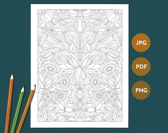 Lily & Pomegranate Adult Coloring Page William Morris | Detailed Printable PDF | Art Nouveau Illustration | Digital Download Coloring Book