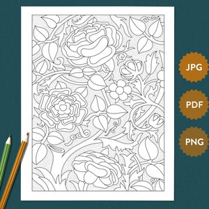 May include: A black and white line drawing of a floral pattern with roses and leaves. The pattern is intricate and detailed, and would be perfect for coloring.