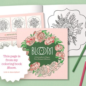 以下が含まれることがあります： ピンクの花柄のデザインと「Bloom: A Coloring Book of Elegant Flower Bouquets & Blossoms」というタイトルが書かれたピンクの塗り絵の表紙です。