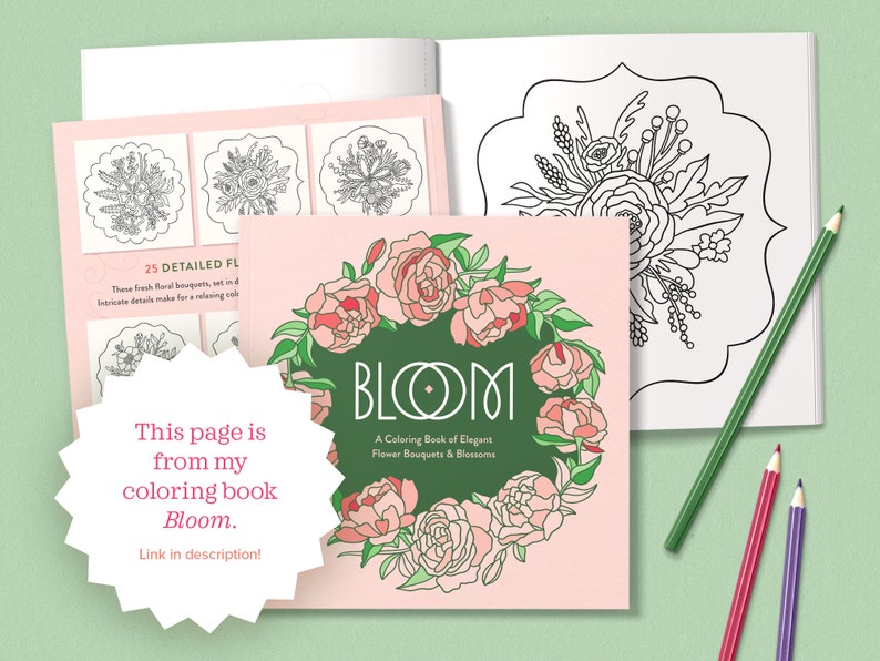 以下が含まれることがあります： ピンクの花柄のデザインと「Bloom: A Coloring Book of Elegant Flower Bouquets & Blossoms」というタイトルが書かれたピンクの塗り絵の表紙です。