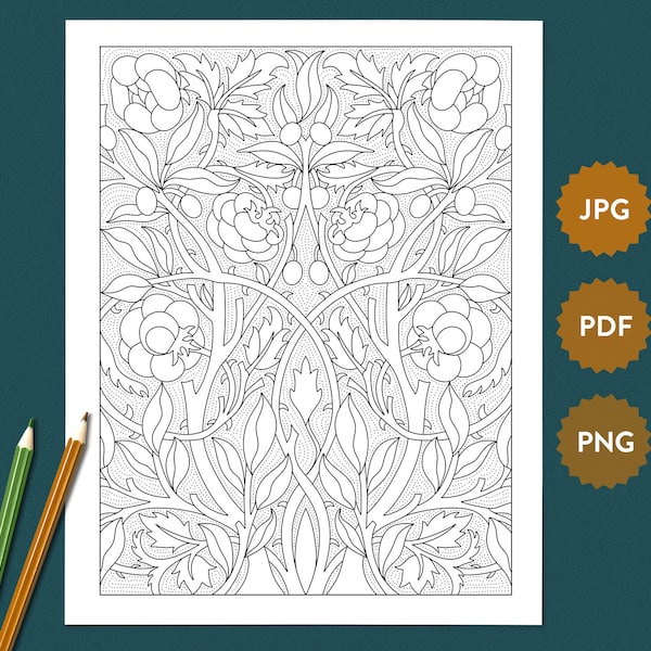 Olive & Rose Adult Coloring Page William Morris | Detailed Printable PDF | Art Nouveau Illustration | Digital Download Coloring Book