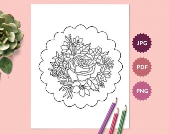 Flower Bouquet #7 Coloring Page for Adults | Easter Floral Coloring Sheet | Print, Procreate, iPad | Instant Download Coloring Book Drawing