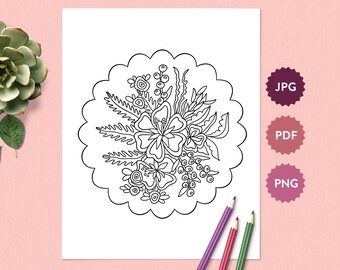 Flower Bouquet #1 Coloring Page for Adults | Easter Coloring Pages | Printable PDF Digital Download Coloring Book Illustration