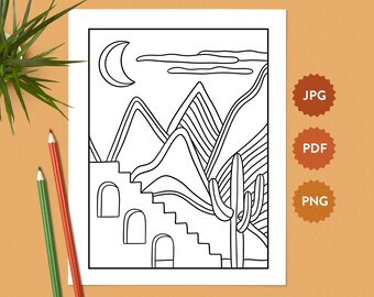 Desert Landscape #20 Coloring Page | American Southwest | Coloring Pages for Grown-ups | United States Coloring Book Digital Download