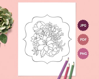 Flower Bouquet #12 Coloring Page for Adults | Easter Floral Digital Coloring Sheet | Printable PDF Instant Download Coloring Book Drawing