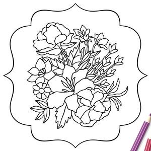 以下が含まれることがあります： 装飾的なフレームの中に、白黒の線画で描かれた花束。花は様式化されており、バラ、ユリ、その他の開花植物が含まれています。