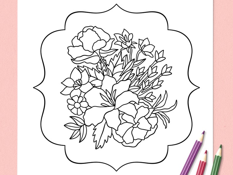以下が含まれることがあります： 装飾的なフレームの中に、白黒の線画で描かれた花束。花は様式化されており、バラ、ユリ、その他の開花植物が含まれています。