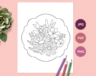 Flower Bouquet #10 Coloring Page for Adults | Easter Floral Digital Coloring Sheet | Printable PDF Instant Download Coloring Book Drawing