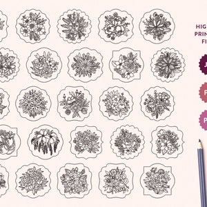 以下が含まれることがあります： 白黒の印刷可能な花のイラスト24点セット。各イラストは、装飾的なフレームの中に異なる花束が描かれています。これらのイラストは、どんなプロジェクトにも上品さを加えるのに最適です。