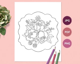Flower Bouquet #3 Coloring Page for Adults | Springtime Coloring Sheet | Printable PDF Digital Download Coloring Book Illustration