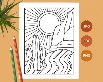 Paysage désertique #9 Coloriage | Sud-ouest américain | Coloriages relaxants pour adultes | Téléchargement numérique du livre de coloriage des États-Unis