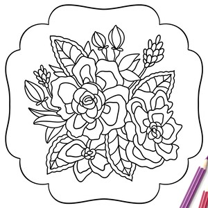 以下が含まれることがあります： 白黒の線画で描かれた花束。花はスタイリッシュで、ヴィンテージな雰囲気。花束は塗り絵に最適です。
