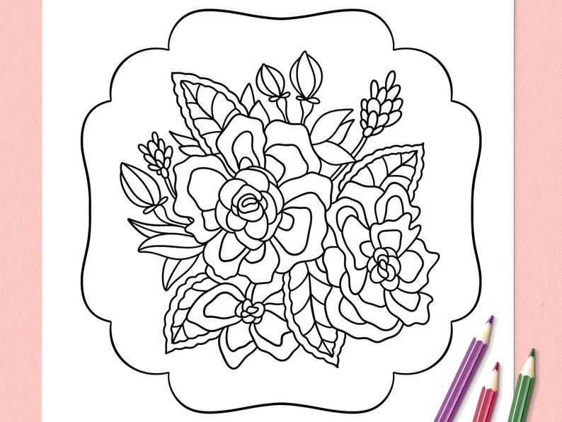 以下が含まれることがあります： 白黒の線画で描かれた花束。花はスタイリッシュで、ヴィンテージな雰囲気。花束は塗り絵に最適です。