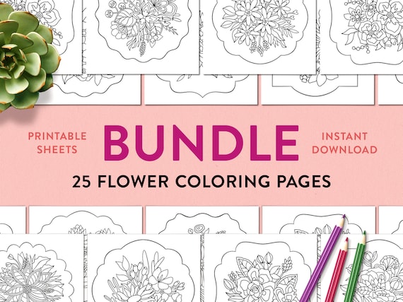 BUNDLE • 25 Flower Bouquet Coloring Pages for Adults | Printable, Procreate and iPad Coloring Book | Instant Download Easter Coloring Sheets