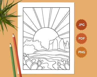 Desert Landscape #17 Coloring Page | American Southwest | Relaxing Coloring Pages for Adults | United States Coloring Book Digital Download