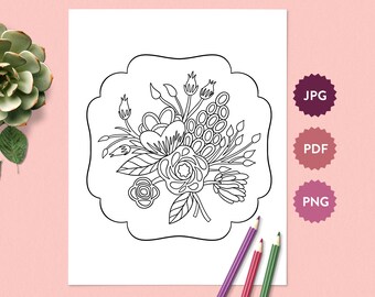 Flower Bouquet #6 Coloring Page for Adults | Springtime Floral Coloring Sheet | Printable PDF Instant Download Coloring Book Drawing