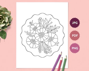 Flower Bouquet #4 Coloring Page for Adults | Springtime Floral Coloring Sheet | Printable PDF Instant Download Coloring Book Drawing