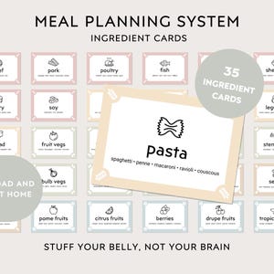 Système de planification des repas, 35 fiches d'ingrédients, Préparation de repas saine, Alimentation équilibrée, Aide nutritionnelle, Menu hebdomadaire au hasard, Protéines, Glucides, Lipides