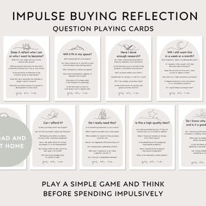 Tarjetas con preguntas de reflexión para dejar de comprar por impulso, juego de decisión de compra, ahorro de dinero, herramienta de gestión de presupuestos, control consciente del gasto