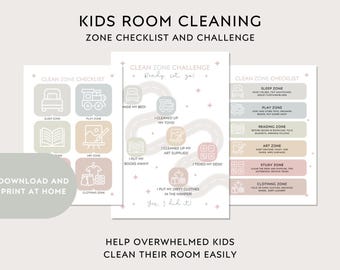 May include: Printable checklist and challenge for kids to clean their room. The checklist is divided into zones: sleep, play, reading, art, study, and clothing. Each zone has a corresponding icon and a list of tasks to complete. The challenge is a fun way to motivate kids to clean their room.