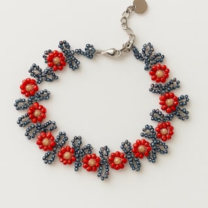 Bold Flower Bracelet • Zinnia-Inspired Red & Blue Beads • Handmade Statement Jewellery • Personalised Friend Gift