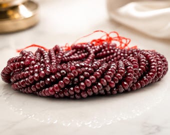 Natural Ruby Beaded Strand, Ruby Blood Red Faceted Rondelle 4mm Beads, Handmade Ruby Loose Gemstone Beads Strands For Jewelry Making,