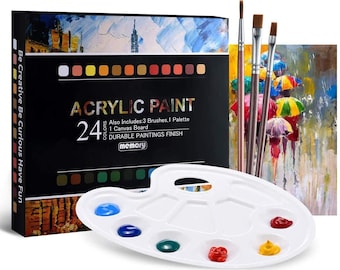 24 x 12ml Premium Acrylic Paint Set Includes 3 brushes, Mixing Palette & Canvas