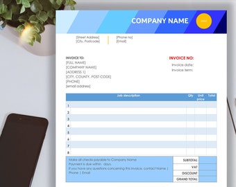 May include: A blue and white invoice template with the title "COMPANY NAME" at the top. The invoice includes sections for invoice number, date, terms, job description, quantity, unit price, total, subtotal, VAT, discount, and grand total. The template also includes a section for payment instructions.