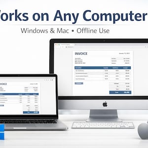 May include: A laptop and desktop computer display an invoice on their screens. The text "Works on Any Computer" is at the top, with "Windows & Mac • Offline Use" below. A Windows logo and an Apple logo are also visible.