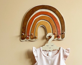 Wooden Rainbow Hanger with Hooks,  Handmade Hanging Shelf for Kids Room or Nursery, Boho Wall Decor, Rainbow Playroom deror