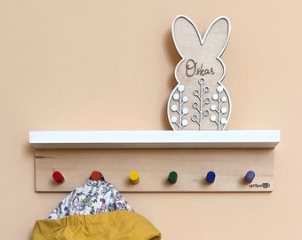Wooden Peg Rail for Kids Room | Nursery Clothes Rack | Custom Natural Wood Shelf with Hooks | Colorful Modern Minimalist Wall Coat Hooks