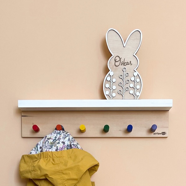 Wooden Peg Rail for Kids Room | Nursery Clothes Rack | Custom Natural Wood Shelf with Hooks | Colorful Modern Minimalist Wall Coat Hooks