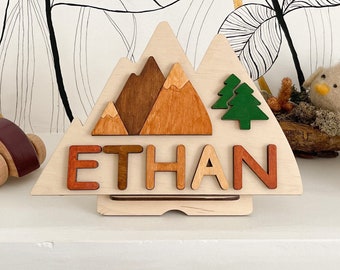 Wooden Personalized Name Puzzle with Mountain for Kids - Toddler Name Puzzle – Toys Nursery Handmade Decor - Gift for Girls & Boys