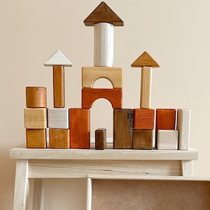 Puede incluir: Un conjunto de bloques de construcción de madera en varios tonos de marrón, naranja y blanco. Los bloques están dispuestos en forma de torre, con una pequeña caja de madera en el estante inferior de un taburete de madera. La caja contiene bloques adicionales. Los bloques están etiquetados como "Wittywood".