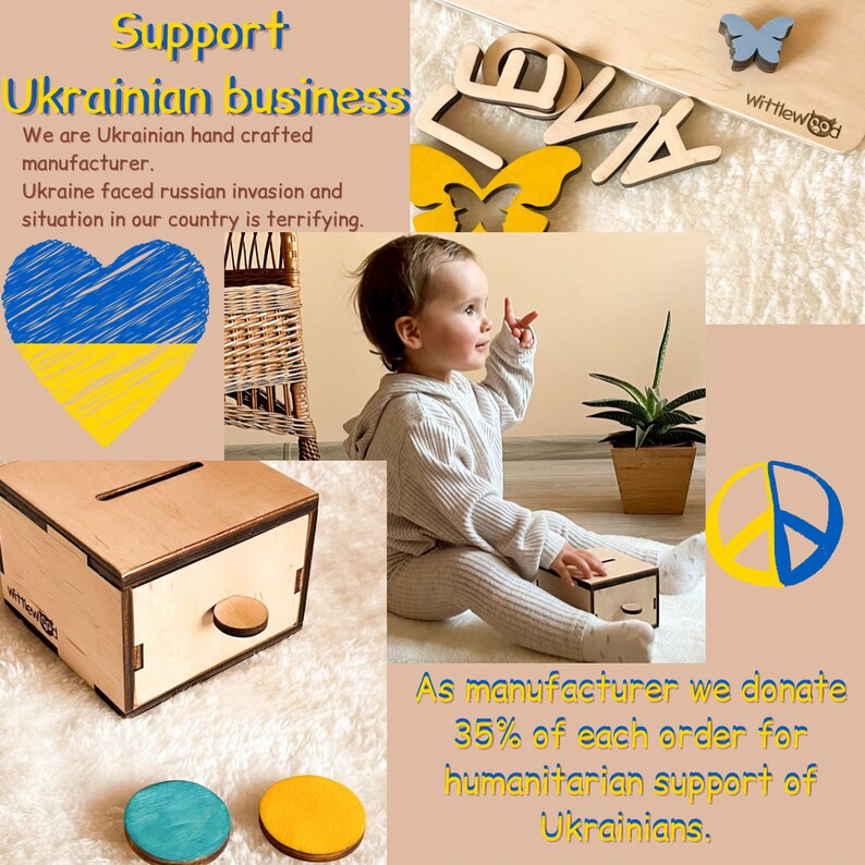 May include: A wooden box with a drawer and a heart-shaped cutout with the colors of the Ukrainian flag. The text "Support Ukrainian business" is written in the image. The text "As manufacturer we donate 35% of each order for humanitarian support of Ukrainians." is also written in the image.