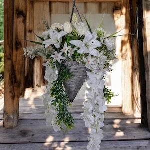 Handmade Artificial flowers hanging basket overflowing with mixed bouquet of white and cream Great Gift for Mothers Day, Birthday, home