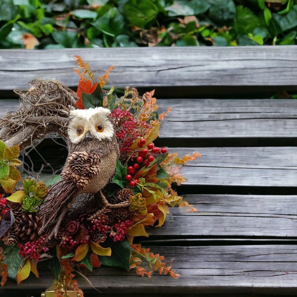 Autumn Fall door wreaths. Pumpkin, eucalyptus, berries, woodland owl, artificial flowers Statement piece to your Door