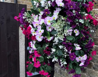 Extra large handmade artificial flowers Hanging Basket in shades of lilac blue, purple pink incl trailing morning glory and nasturtium