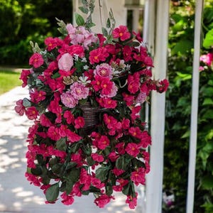 Pode incluir: Um vaso pendurado cheio de flores rosa e vermelhas. O vaso é feito de um material marrom e está pendurado em um teto branco.