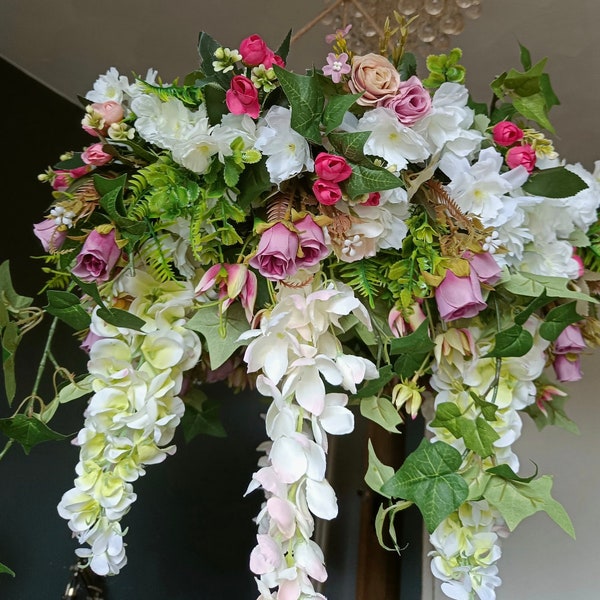 Artificial floral flower chandelier hanging wreath wisteria, ivy white blossom with dusky pink roses. Great Gift for Mothers Day, wedding