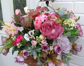 Arreglos de flores artificiales de primavera y verano, cestas colgantes de colores vibrantes para decoración del jardín o del hogar. Día de la Madre, Cumpleaños, Regalo.